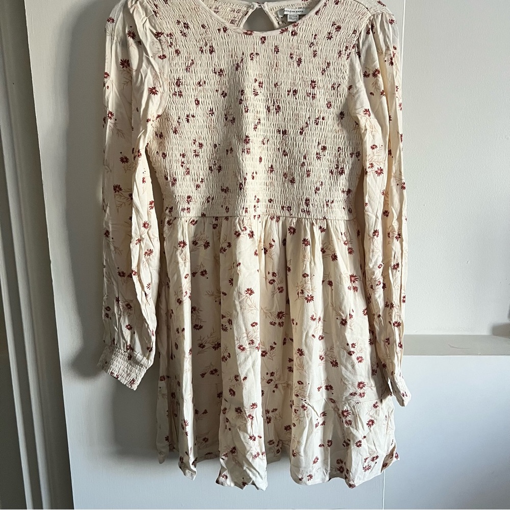 AE Cream Rust Floral Smocked Puff Long Sleeve Dress